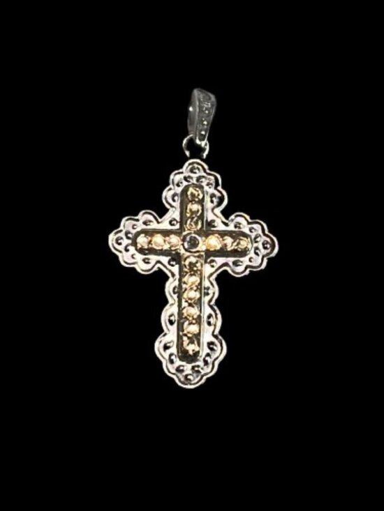 Sterling Silver & 14K Yellow Gold & Diamond Cross Pendant Charm - EUC